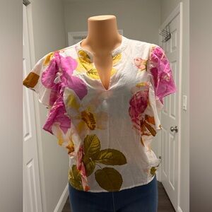 NWT MARC NY White Floral Flutter Sleeve Blouse w/ Pink & Yellow Blooms SIZE PXL